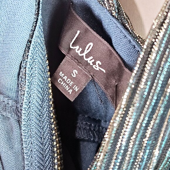 Lulus Ailey Halter Mini Twisted Back Metallic Threaded Gold Teal Skater Dress, S - Picture 10 of 10